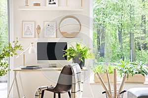 Shelves with illustrations above a wooden desk with computer by