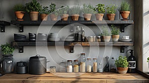 shelves in the kitchen with spices and pots of plants