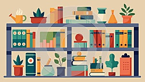 Shelves lined with assorted books knickknacks and locally made crafts.. Vector illustration.