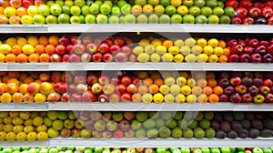 shelves lined with fresh fruit including apples, tomatoes, lemons, and bananas, in a supermarket, from a front view