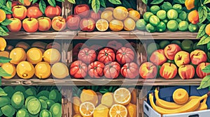 shelves lined with fresh fruit including apples, tomatoes, lemons, and bananas, in a supermarket, from a front view