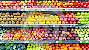 shelves lined with fresh fruit including apples, tomatoes, lemons, and bananas, in a supermarket, from a front view