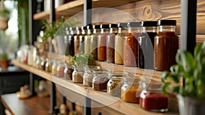 The shelves lined with various sauces condiments and dressings adding flavor and variety to meals photo