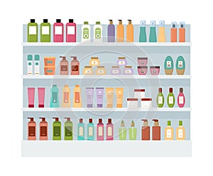 Shelves with lot of colorful cosmetic products.