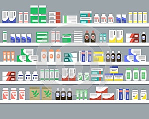 Shelves with medicines. Objects for a pharmacy interior