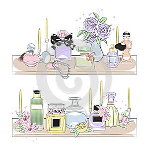 Shelves with perfumes. Different glass bottles with eau de toilette, designer fragrance flasks, body colognes jars photo