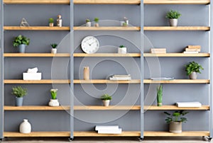 Shelves with plants in pots, accessories, decor elements and clock on gray wall background