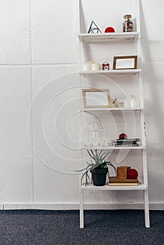 Shelves with red clock, wooden frameworks, plant, books, bottle with seashells and candles