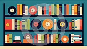 Shelves upon shelves of vinyl records line the walls organized by genre and year. Vector illustration.