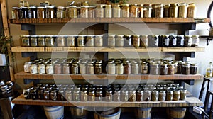 Shelves stacked with jars of locally made sauces dressings and condiments using locally grown herbs and es photo