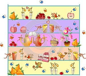 Shelves with teapots, teacups, flowers, fruits, berries, cakes and birds