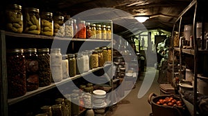 shelves of tinned food and jars of pickled products