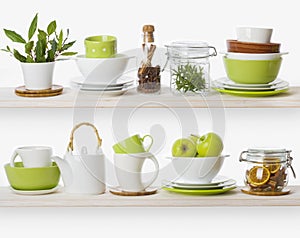 Shelves with various food ingredients and kitchen utensils