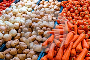 Shelves with vegetables in a grocery store