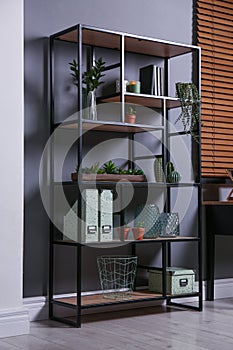 Shelving with different decor, books and houseplants near gray wall in room. Interior design