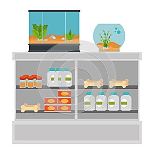 shelving of veterinary store with aquariums and products