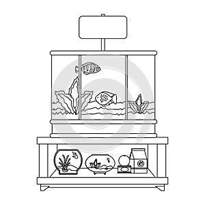 shelving of veterinary store with aquariums and products