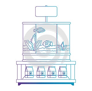 shelving of veterinary store with aquariums and products