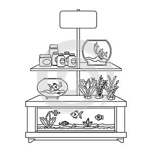 shelving of veterinary store with aquariums and products