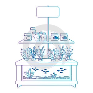 shelving of veterinary store with aquariums and products