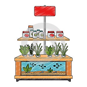 shelving of veterinary store with aquariums and products