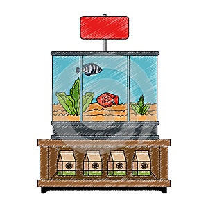 shelving of veterinary store with aquariums and products