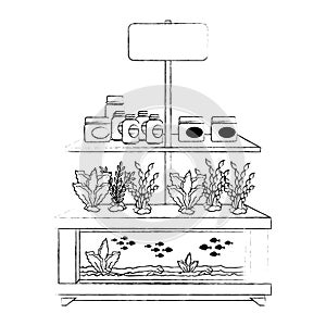 shelving of veterinary store with aquariums and products