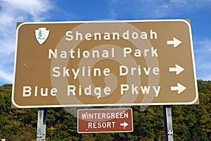 Shenandoah National Park Sign pointing to Skyline Drive Virginia