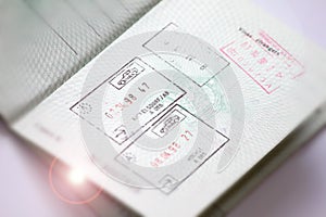 Shengen visa stamp in international passport. Schengen document for pass customs control on border of a country. Document for trav