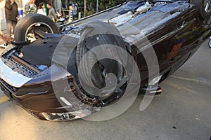 Car turned upside-down by accident