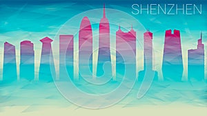 Shenzhen China Skyline City Silhouette. Broken Glass Abstract Geometric Dynamic Textured. Banner Background. Colorful Shape Compos