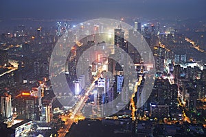 Shenzhen city in night light. Bird view