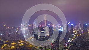 Shenzhen City at Night. Urban Futian District. Guangdong, China. Aerial View