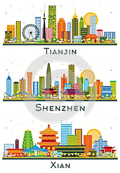 Shenzhen, Xian and Tianjin China City Skyline set with Color Buildings Isolated on White. Tourism Concept with Modern Buildings.