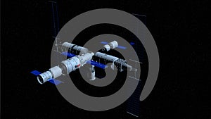 Shenzhou manned space vessel in the direction of coupling to the TIANGONG 3 - Chinese space station on black space with stars