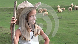 Shepherd Child with Grazing Sheep on Field in Mountains, Country Girl Outdoor 4K