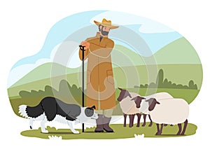 Shepherd, A Diligent Guardian, Tends To The Flock With Unwavering Dedication. His Loyal Dog, A Furry Companion