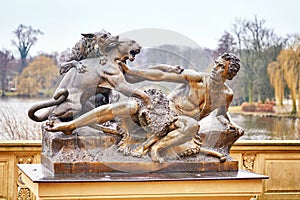 Shepherd and dog attacked by a panther. Sculpture in Schwerin Mecklenburg-Vorpommern