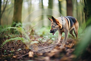 shepherd dog sniffing trail in a dense woodland