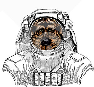 Shepherd Dog vector portrait.Wild astronaut animal in spacesuit. Deep space. Galaxy.