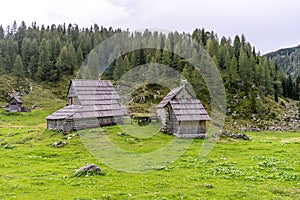 Shepherd`s huts at Bohinj pasture plateaus.