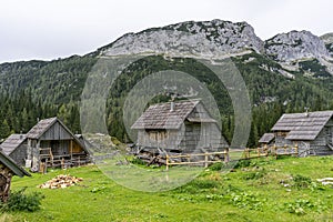 Shepherd`s huts at Bohinj pasture plateaus.