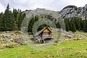 Shepherd`s huts at Bohinj pasture plateaus.