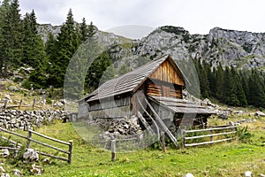 Shepherd`s huts at Bohinj pasture plateaus.