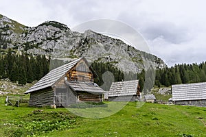 Shepherd`s huts at Bohinj pasture plateaus.