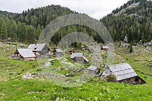 Shepherd`s huts at Bohinj pasture plateaus.