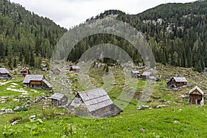 Shepherd`s huts at Bohinj pasture plateaus.