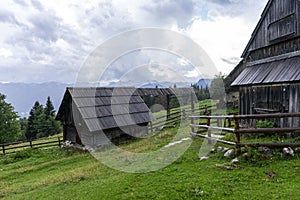 Shepherd`s huts at Bohinj pasture plateaus.