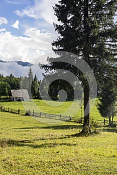 Shepherd`s huts at Bohinj pasture plateaus.