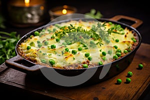 Shepherd\'s pie served with peas, a common accompaniment. Food concept